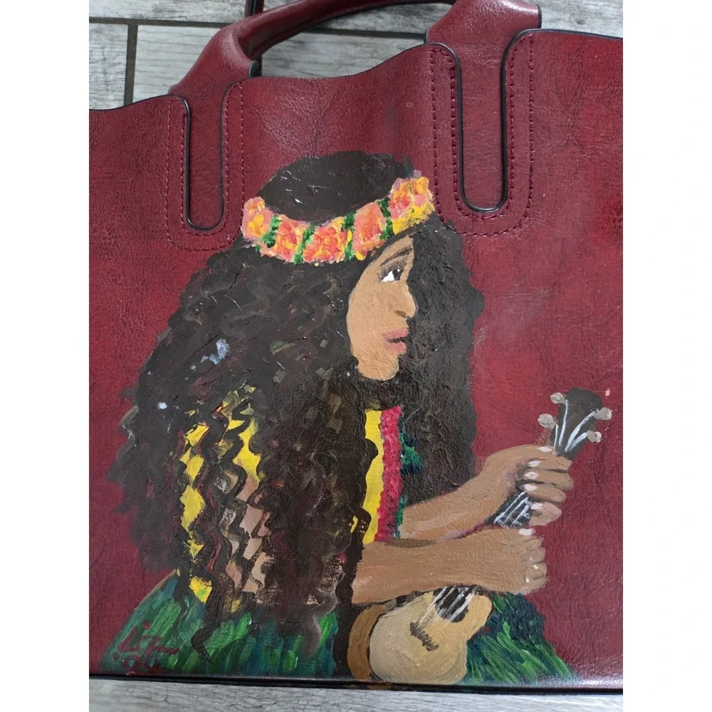 Handmade Leather Handbag Hand-Painted Hawaiian Purse 12×10×5 Red‎ Artsy Boho NEW